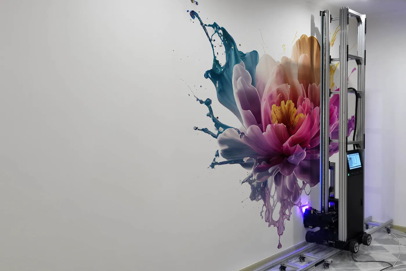Vertical wall printer printing a large colourful rose directly onto a white wall