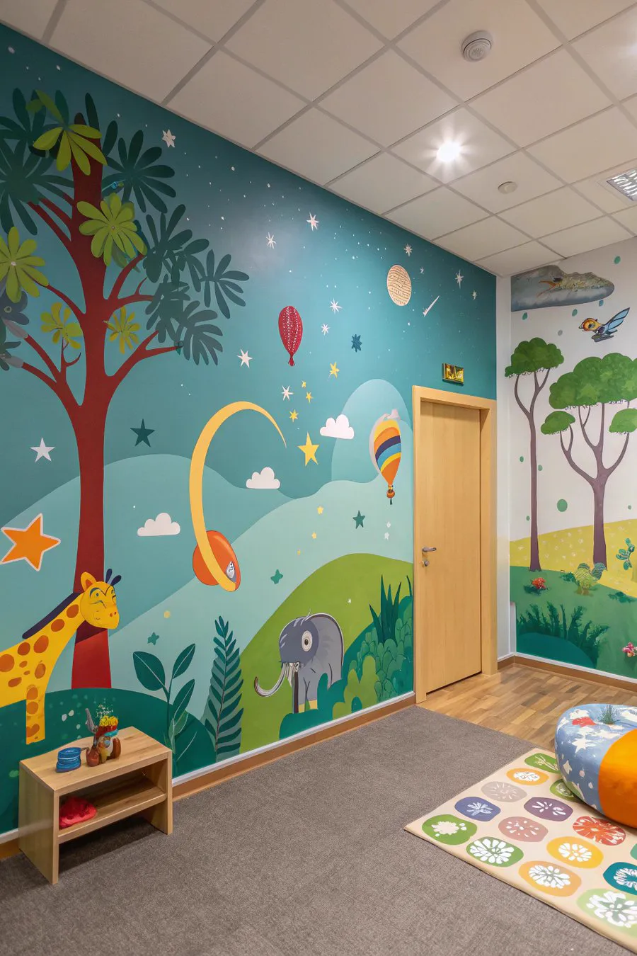 Kids' bedroom with a colourful, playful wall mural