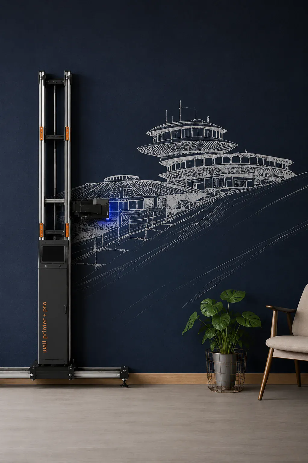 Wall printer printing a colourful artistic design on an interior wall