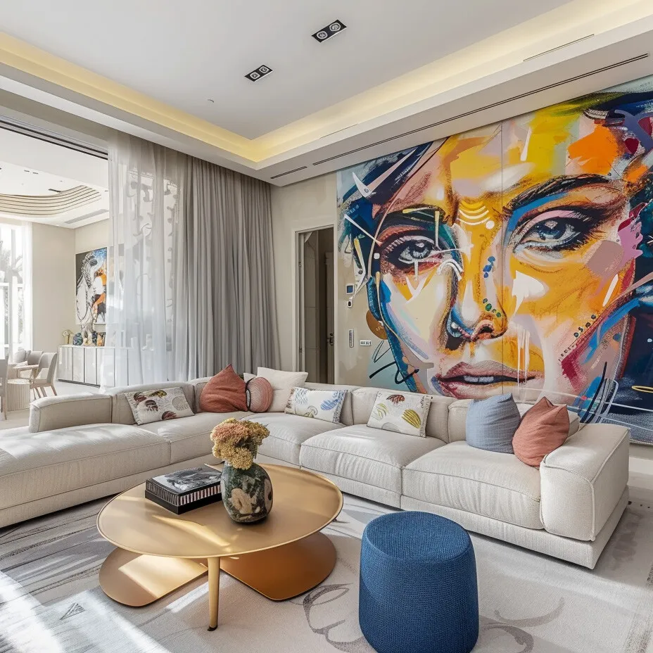 Colourful abstract face mural behind a sofa in an upscale living room