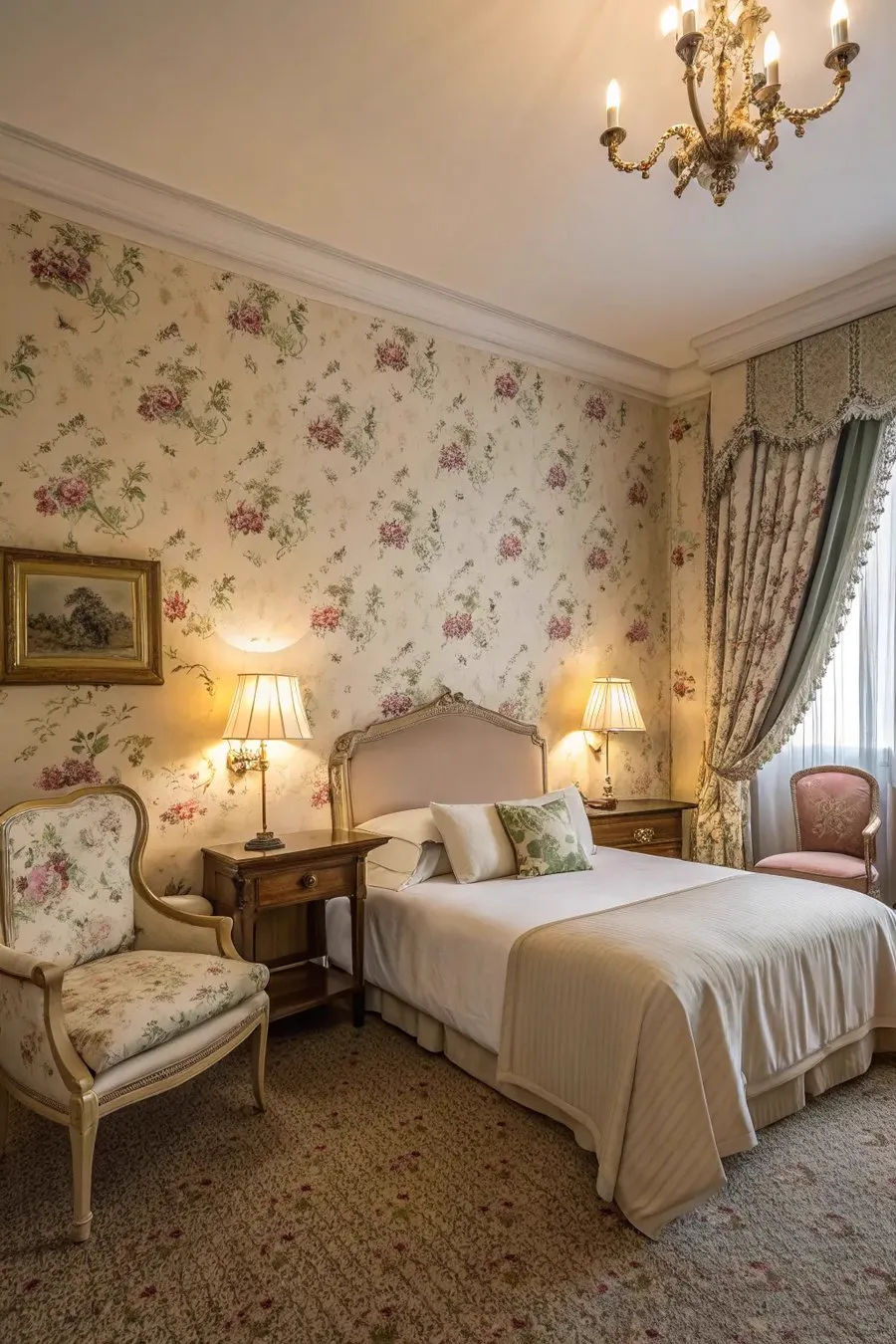 Bedroom with elegant pink floral wallpaper