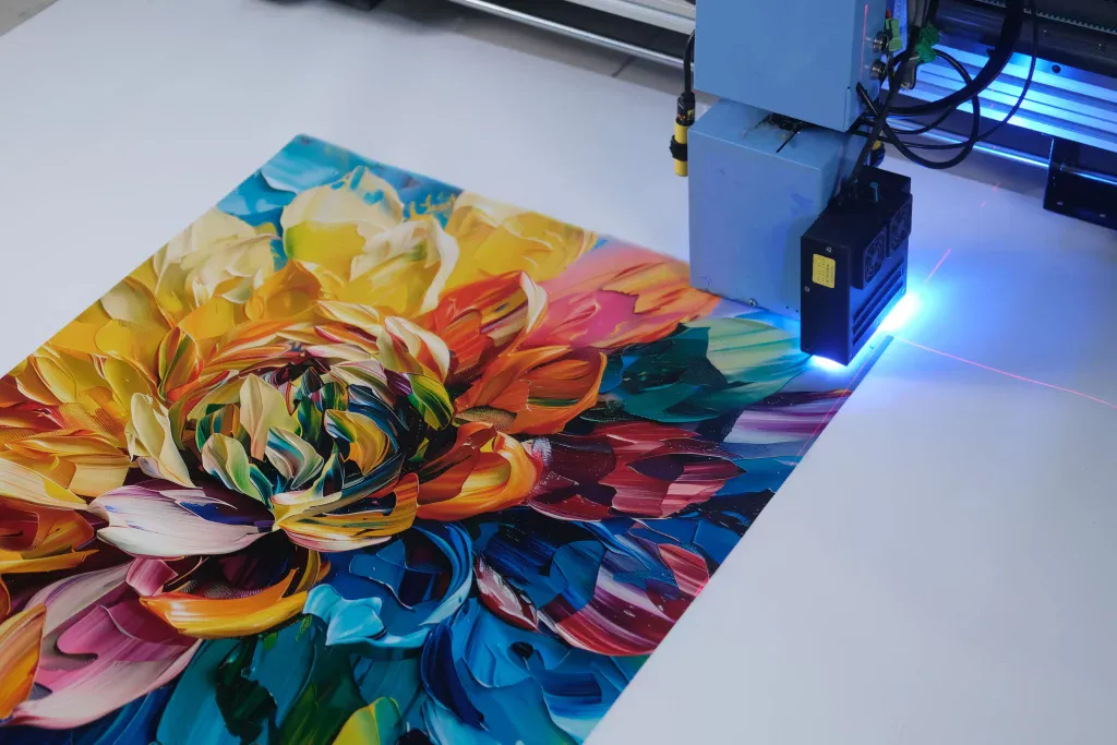 Floor printer printing a large colourful floral design directly onto a floor