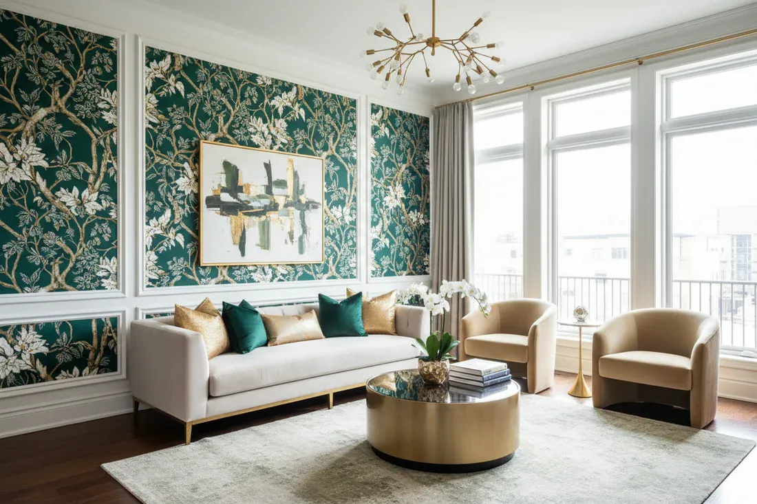 Luxurious living room with green wallpaper featuring botanical and gold patterns