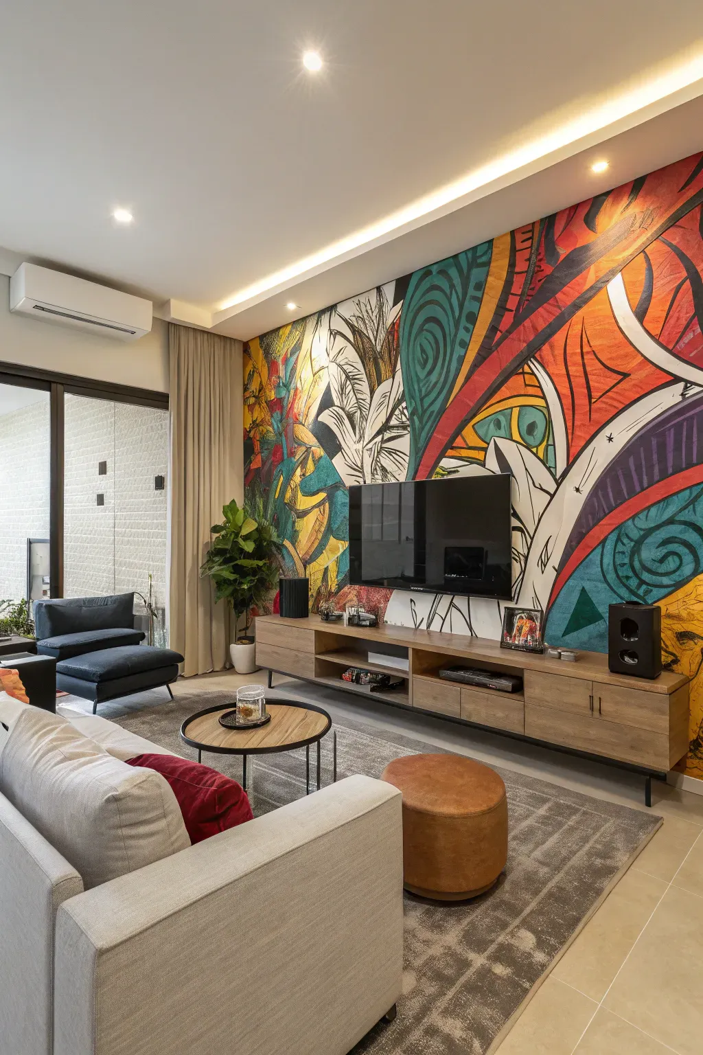 Bold abstract mural in warm colours