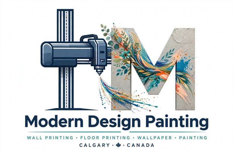 Modern Design Painting logo — wall printer printing a colourful floral mural onto the letter M
